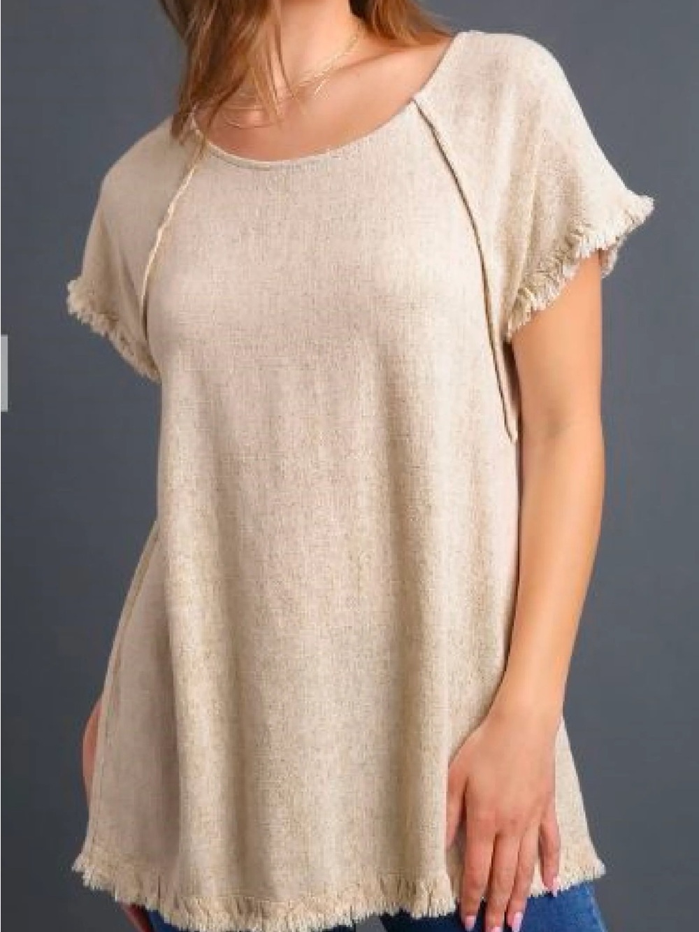 Boho Soft Linen Fringe Top Oatmeal Beige Relaxed Cottage Core Coastal 1XL NWT
